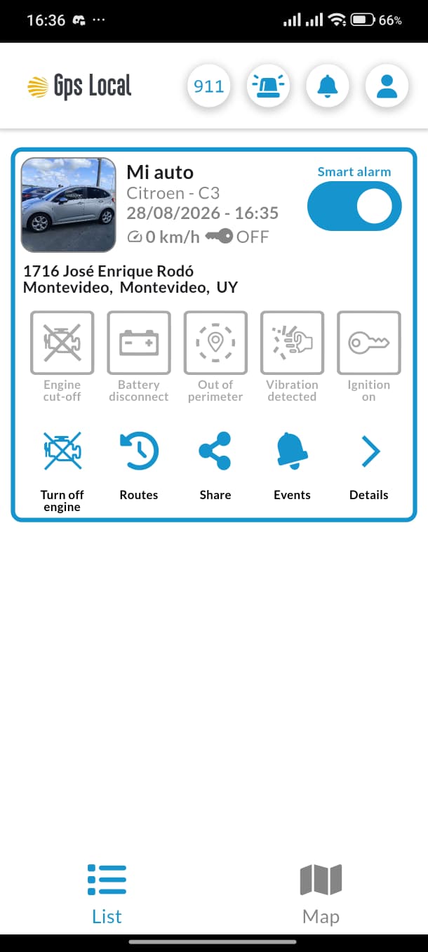 App de cliente de marca blanca funcionando bajo la marca de un socio — tarjeta del vehículo con el interruptor de Alarma Inteligente, corte de motor, batería y estado del perímetro